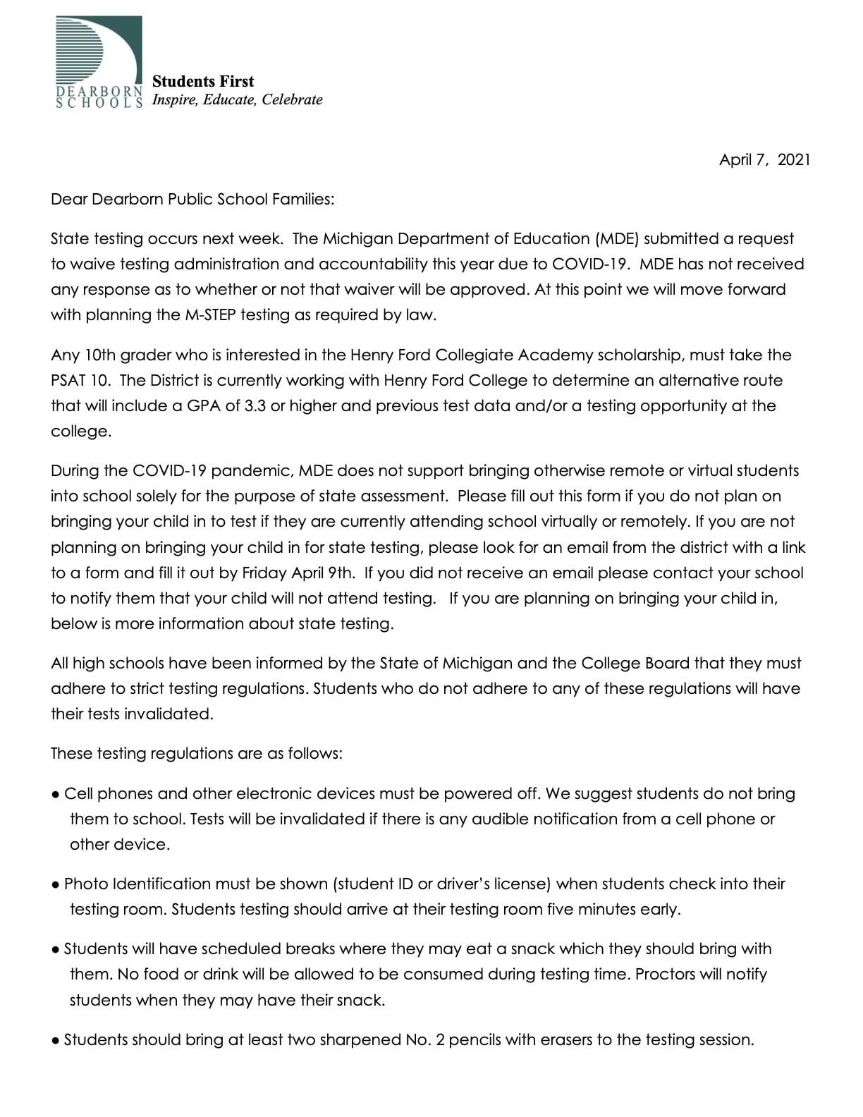 Spring Testing Information Dearborn High School